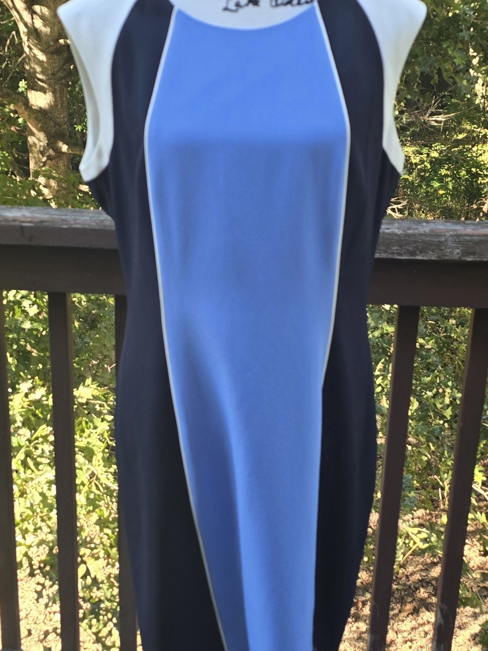 Tahari Blue and Black Colorblock Midi Dress with White Trim